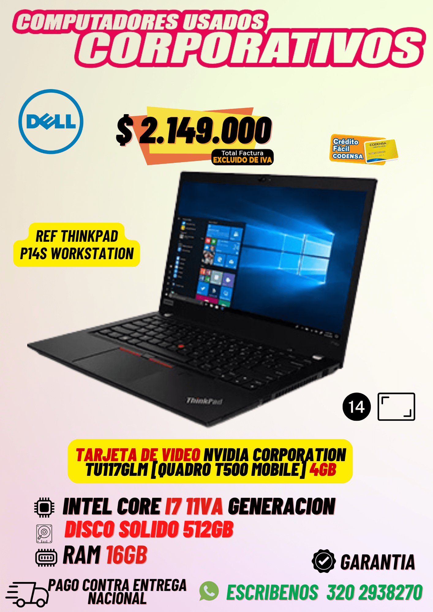 ThinkPad P14s Workstation i7 11va + Quadro T500 4GB | Usado | Exento de IVA